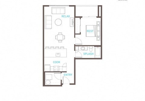 Floor plan for 1 bed, 1 bath, 644 sqft